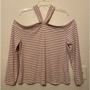 NWT CATO KNIT COLD SHOULDER LONG SLEEVE TOP BLUSH PINK, METALLIC GOLD & SILVER